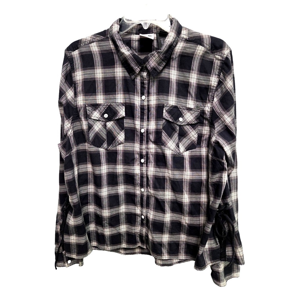 Harley‎ Davidson Women Side Lace Long Sleeve Plaid Woven Shirt 2X Snap Graphic